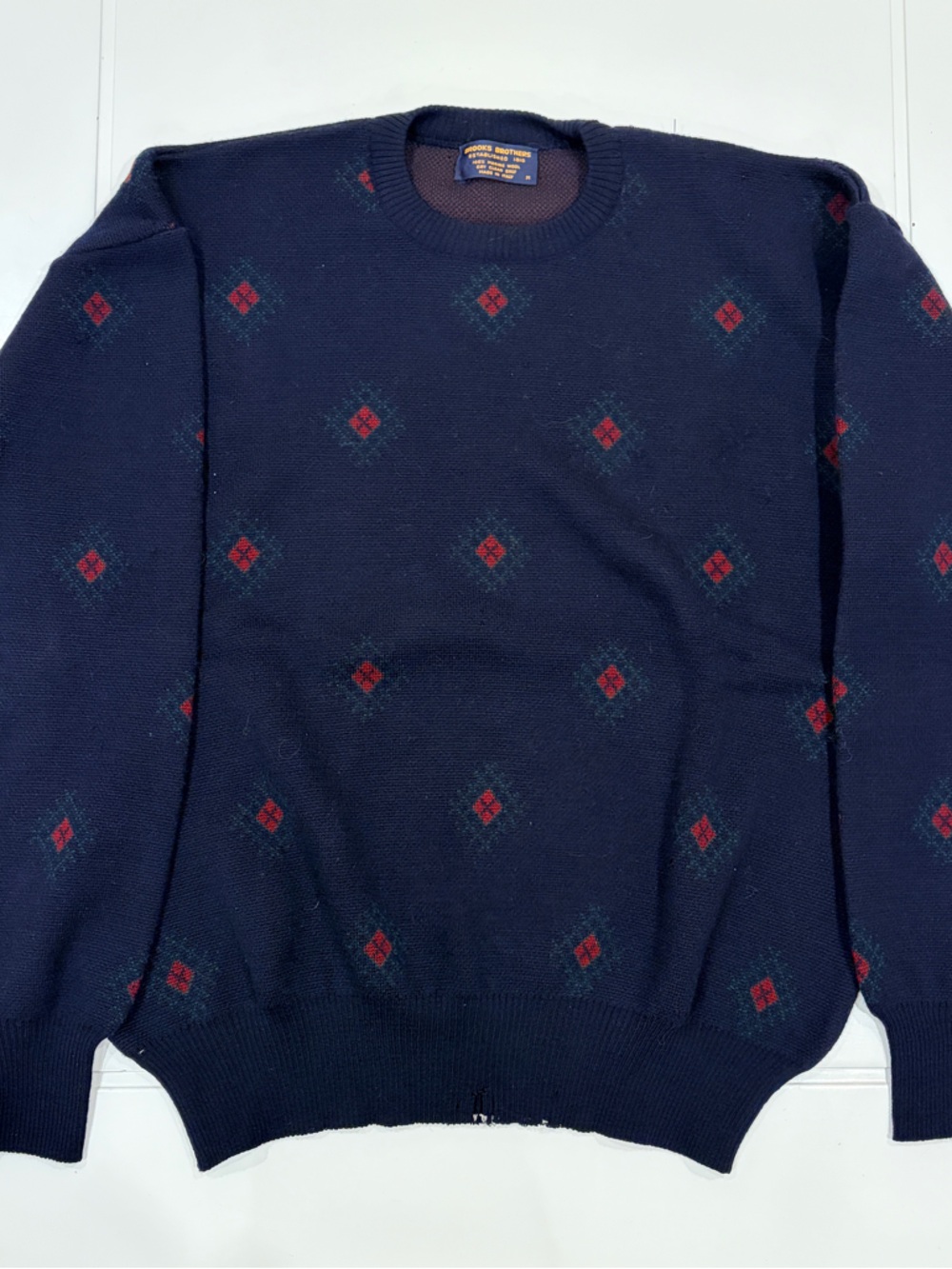 Vintage Brooks Brothers Navy Crewneck Sweater Red Diamond Accents 100% Merino